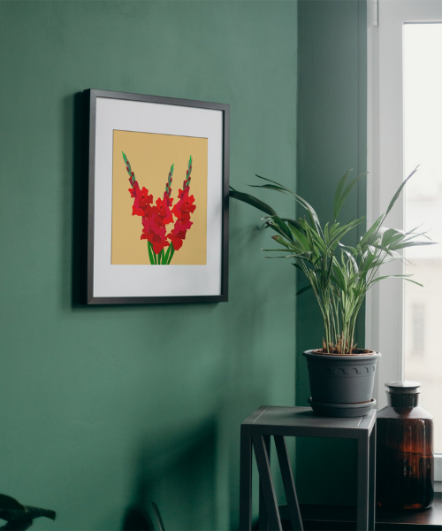 3 Red Gladioluses - Gold Ink Embellished