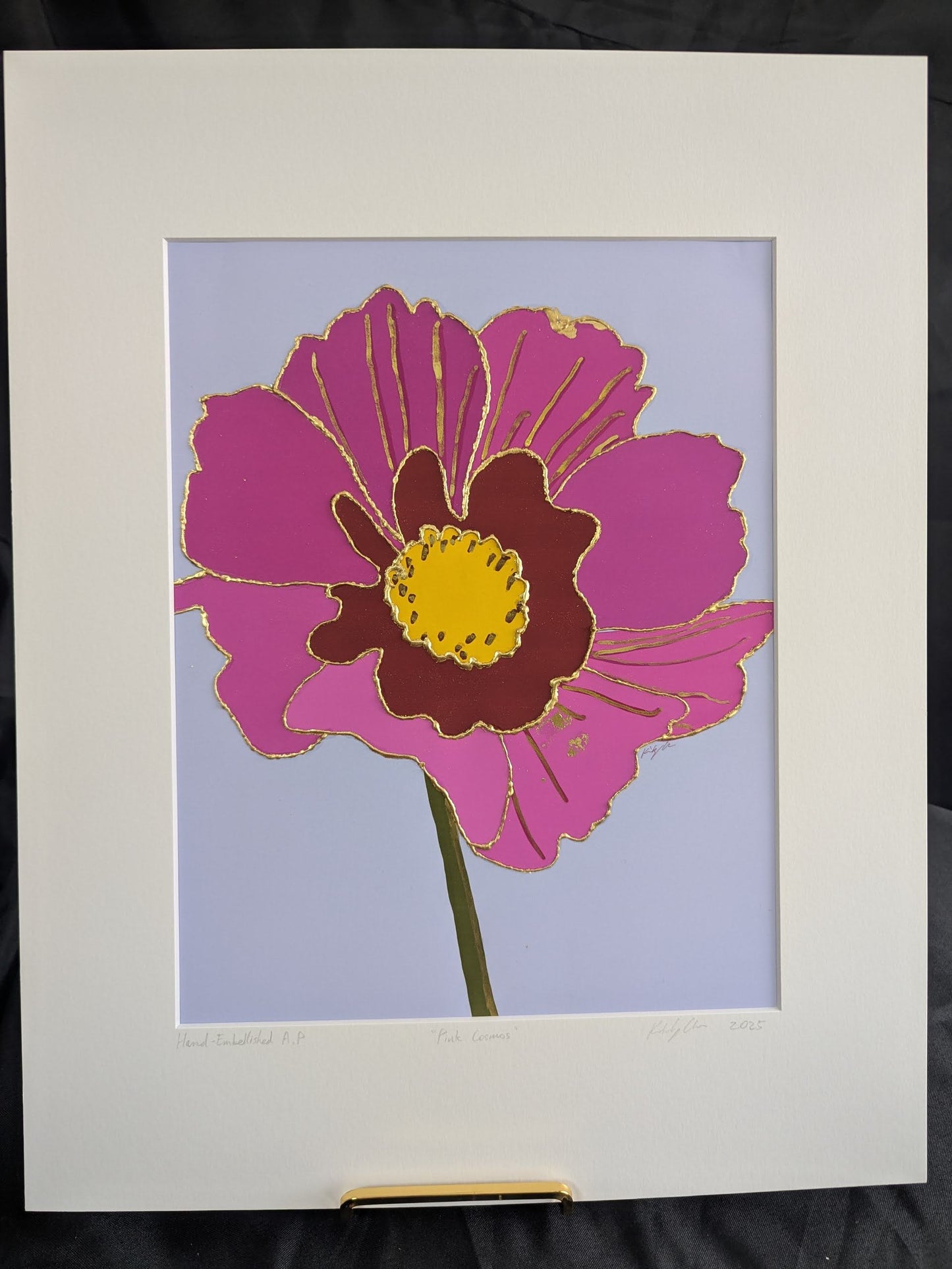 Pink Cosmos - Gold Ink and Gold Leaf Embellished