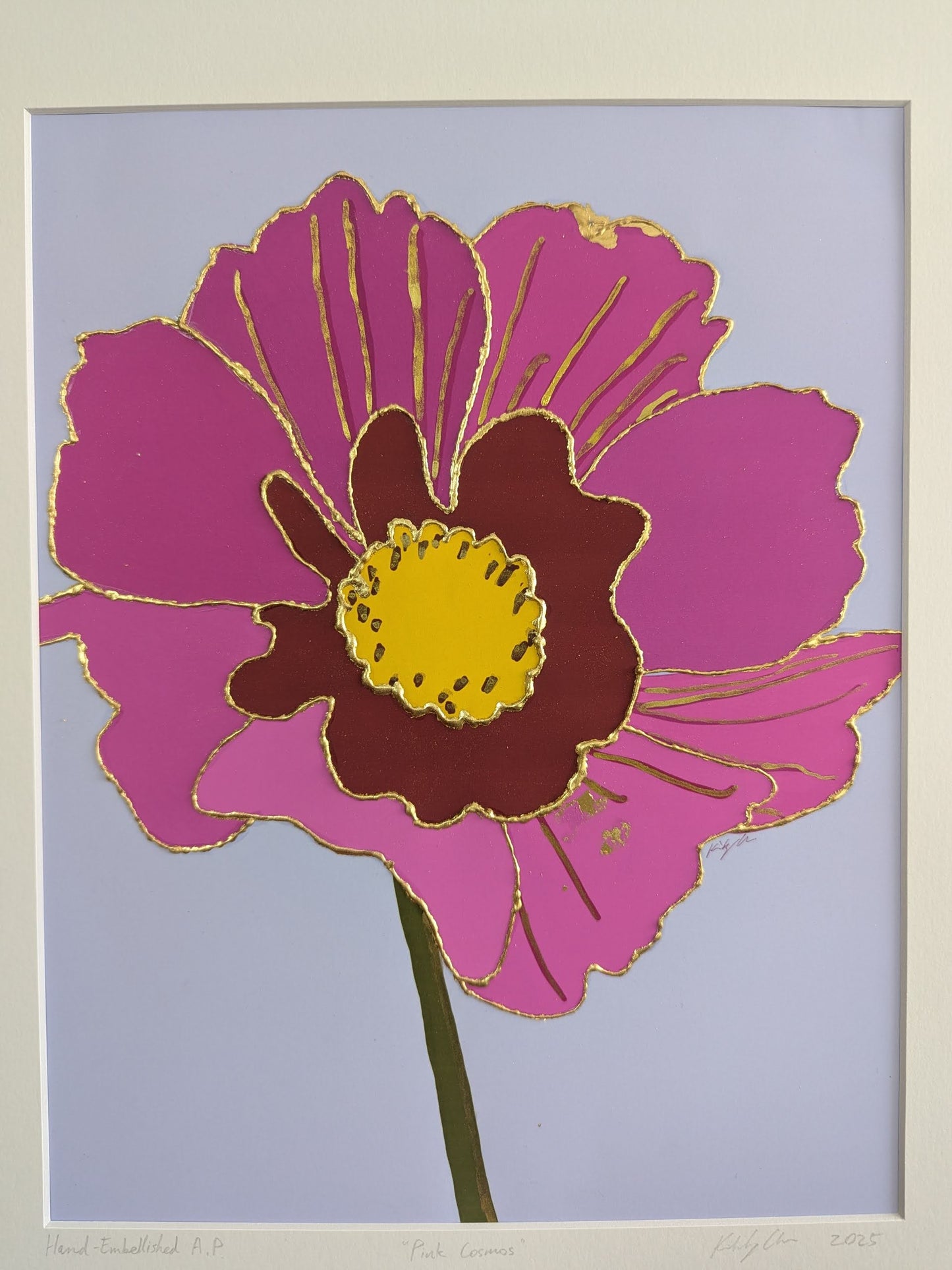 Pink Cosmos - Gold Ink and Gold Leaf Embellished