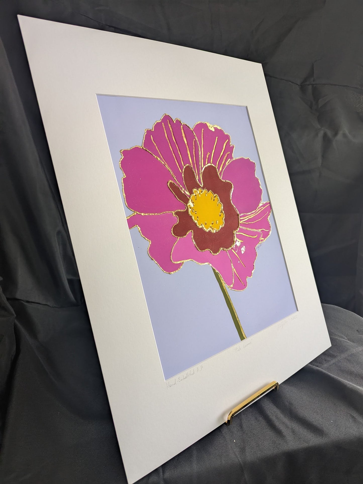 Pink Cosmos - Gold Ink and Gold Leaf Embellished