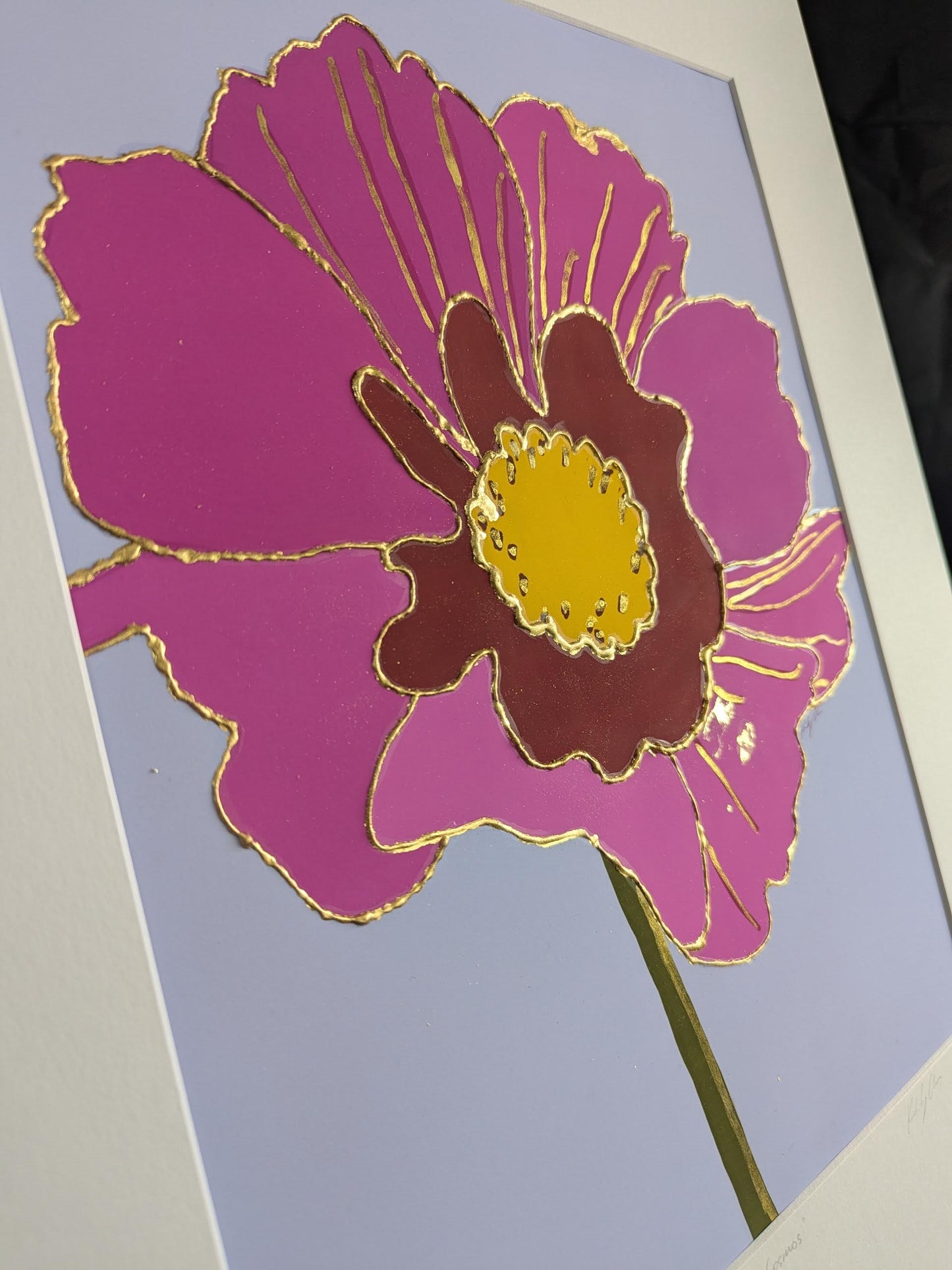 Pink Cosmos - Gold Ink and Gold Leaf Embellished
