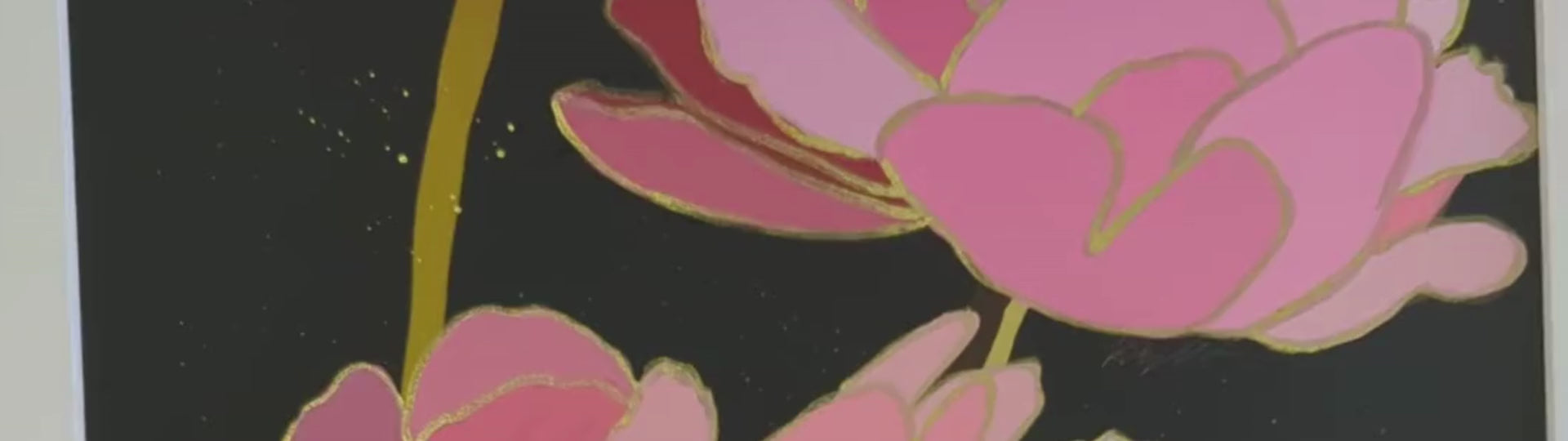 Load video: slow pan video of the gold ink embellished &quot;3 Peonies&quot;